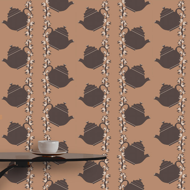 Floral Teapot Wallpaper (brown) by ATADesigns