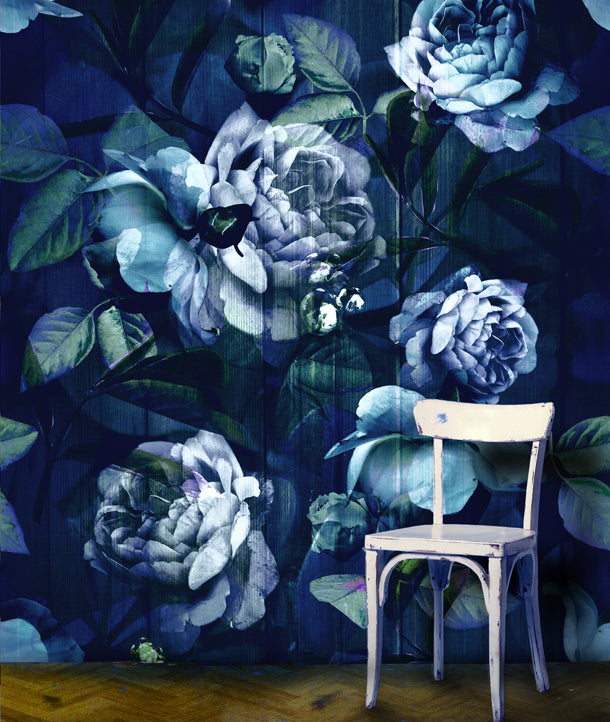 Kews Ghost Roses Mural (blue-velvet)