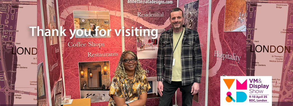 Annette Taylor-Anderson of ATADesigns and Gareth Wyn Jones of Wallsmiths at their stand at the Visual Merchandising and Display show