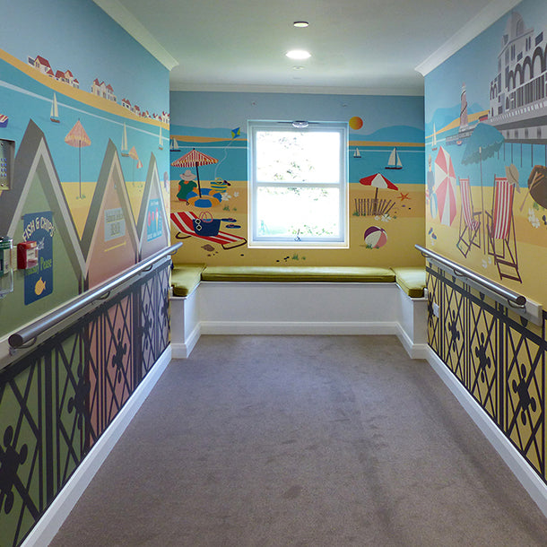 Portsmouth Beach Mural Design by ATADesigns in corridor at Admiral Jellicoe Nursing Home
