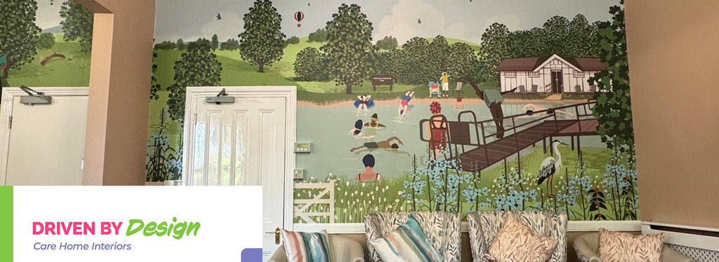 Driven by Design front cover features bespoke mural design featuring illustration image of a park and people swimming in a lake.  Design by ATADesigns