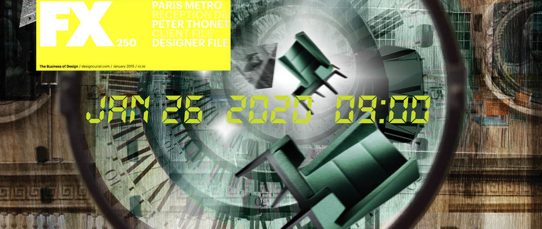 FX Magazine Cover featuring time capsule with chairs going through it