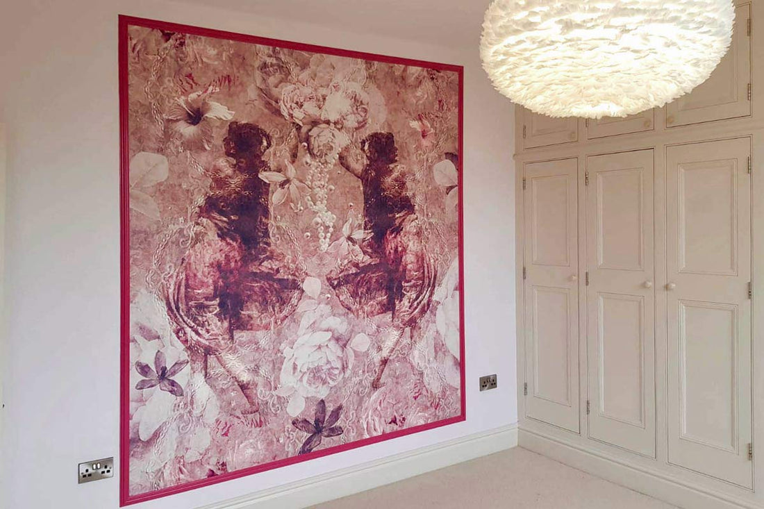 Ladies of Fleur mural by ATADesigns and Elisa Interiors, installed as a framed feature wall in a girls' bedroom, from the Italian Infusion Wallcovering and Murals collection