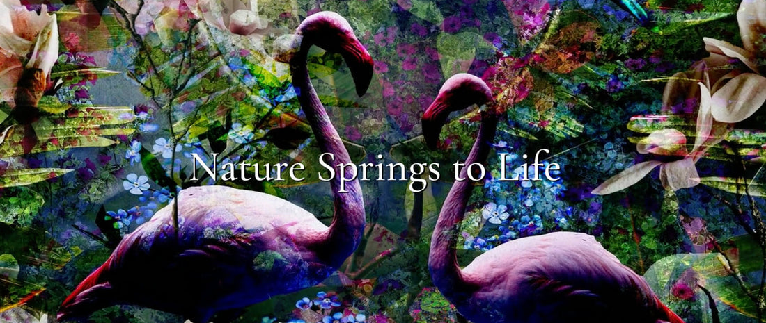 Nature Springs to Life — Flamingo Night mural design by ATADesigns, featuring two flamingos in the foreground with white and blue flowers against a dark botanical background