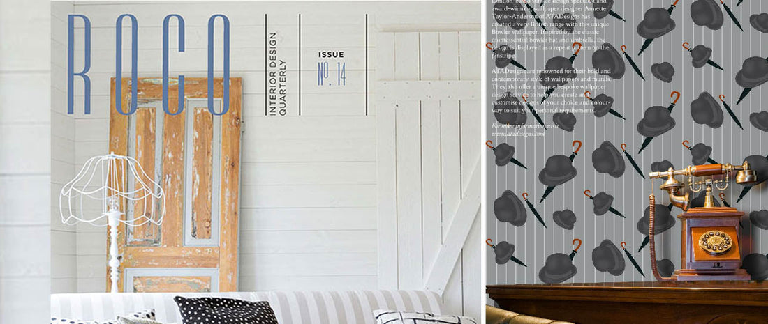 Rocco Magazine Cover featuring living room interior.  Also features Bowler Hats wallpaper by ATADesigns