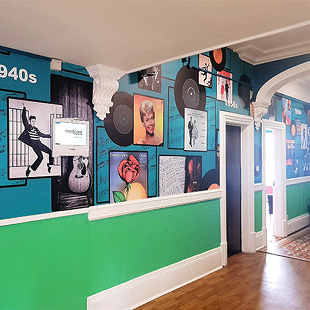 Celebrity Music Timeline Mural by ATADesigns in corridor at Towerview Care