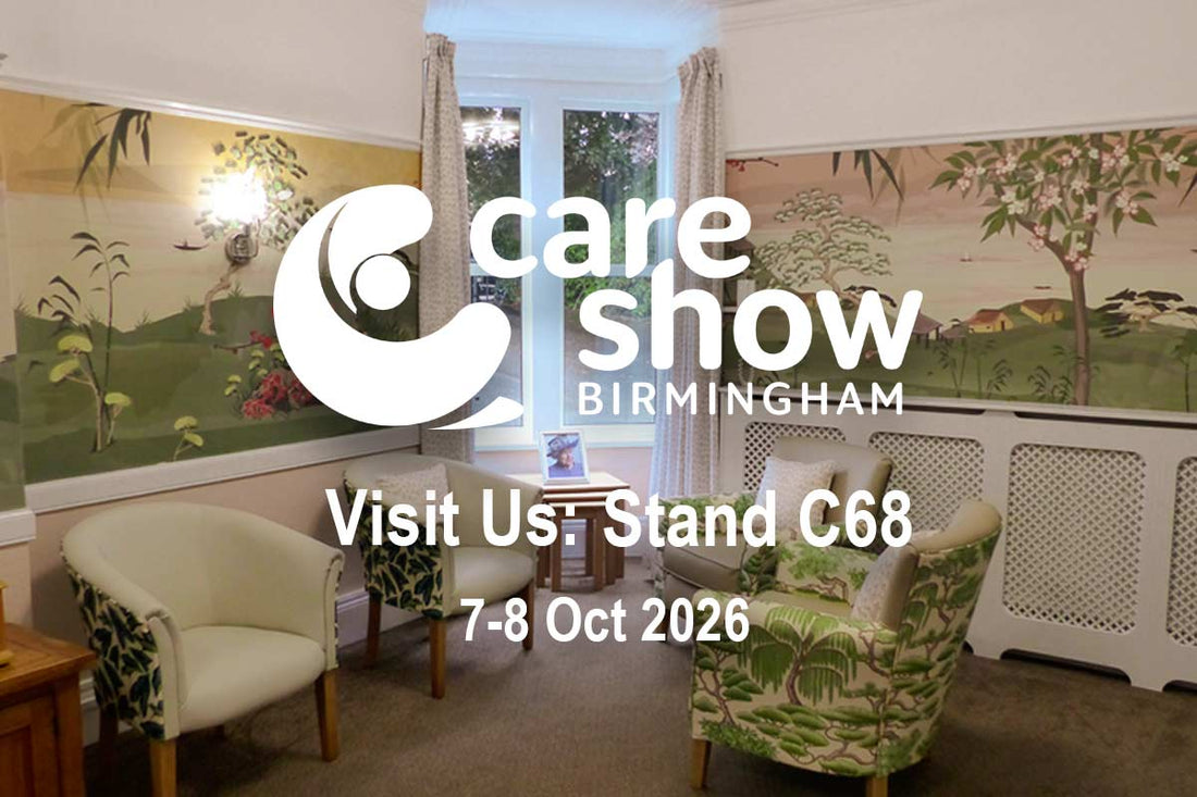 ATADesigns & Wallsmiths Wallpapers invitation to Care Show Birmingham, 7–8 October 2026, stand C68, featuring a care home lounge with nature-inspired murals.