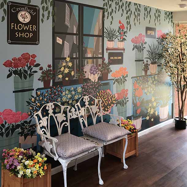 Flower Shop Mural Designs in Corridor by ATADesigns at Crosfield House Care Home