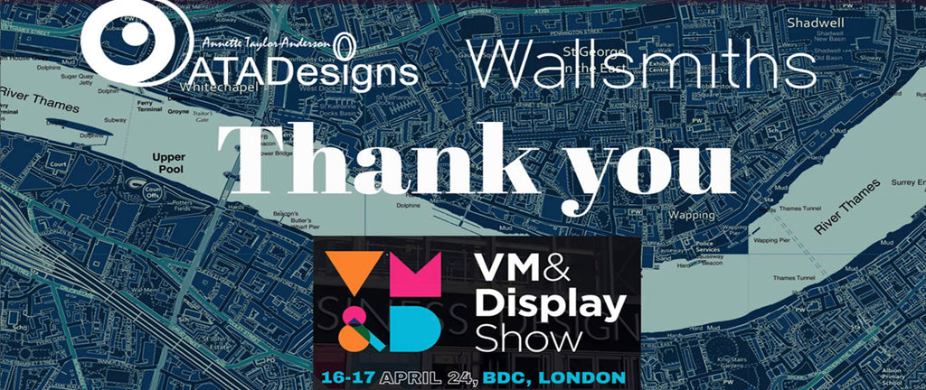 Boutique Maps for Interiors flyer by ATADesigns and Wallsmiths.  Featuring thank you text on blue map background.  Also feauring ATADesigns, Wallsmiths and VM& Display logo