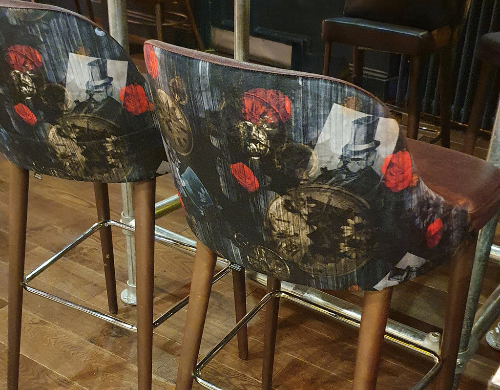 Dog N Watch Wallpaper by ATADesigns and Arka Chergui upholstered on bar stools