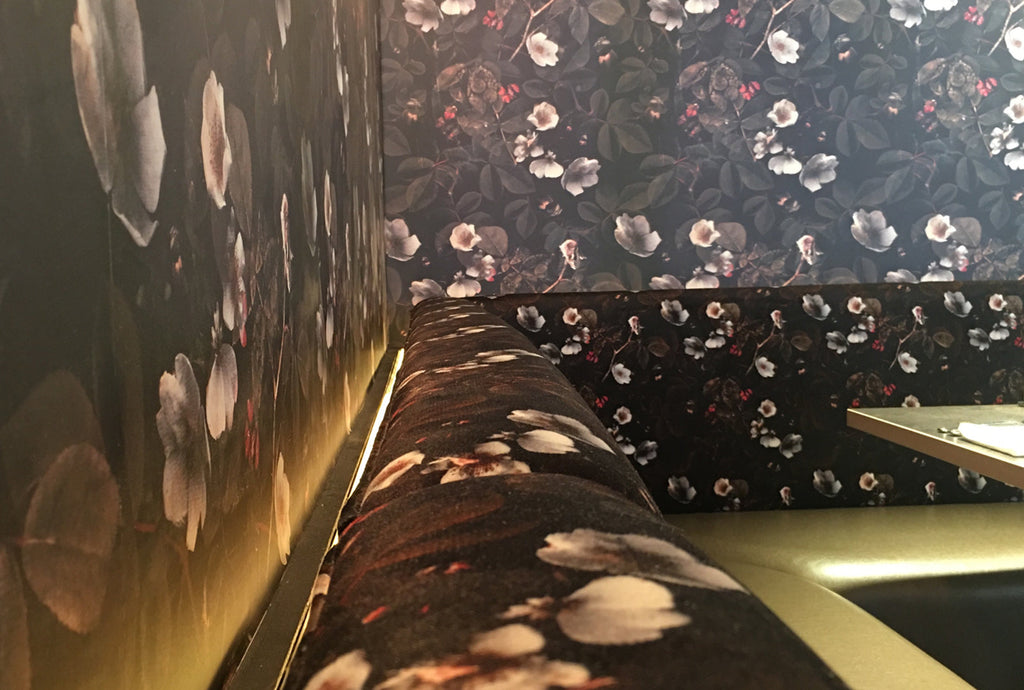 Kews Leafy Florals Fabric by ATADesigns upholstered on banquet seatings at the Jones Family Kitchen