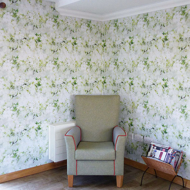 leaves on floral wallpaper design by ATADesigns in Lounge at Drayton Village care