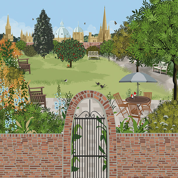 Outdoor garden mural design illustration for an external wall at St Luke's Hospital, Oxford.  Featuring an illustration of St Luke's garden, and an Illustration of Oxford's city skyline in the distance.