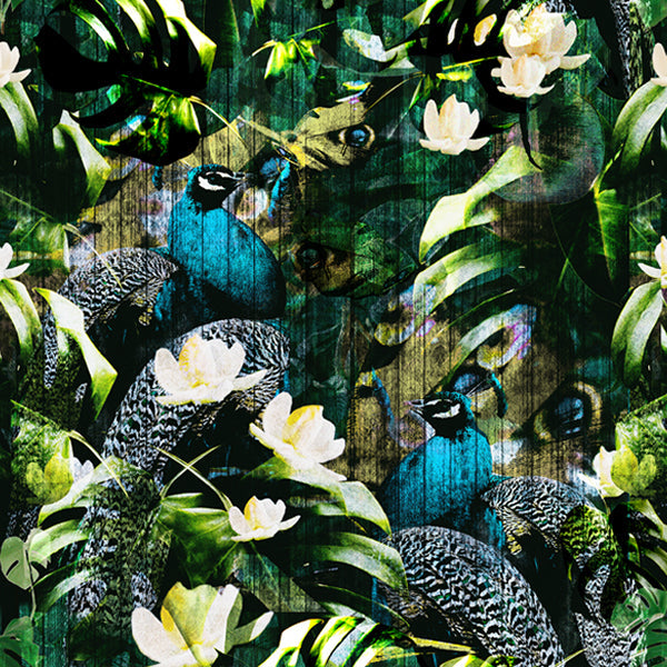 Peacocks Glam mural design by ATADesigns in teal — part of the Nature Springs to Life collection, showcased at the Independent Hotel Show 2024