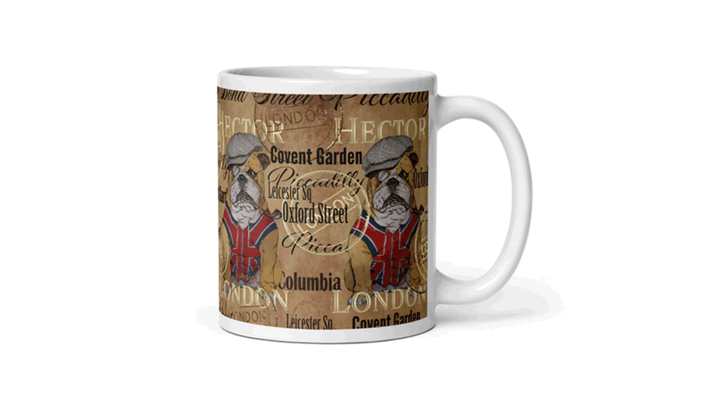 Mug feaaturing Hector text and two British Bull dog designs wearing a cap and uion jack waistcoat.  Design by ATADesigns.