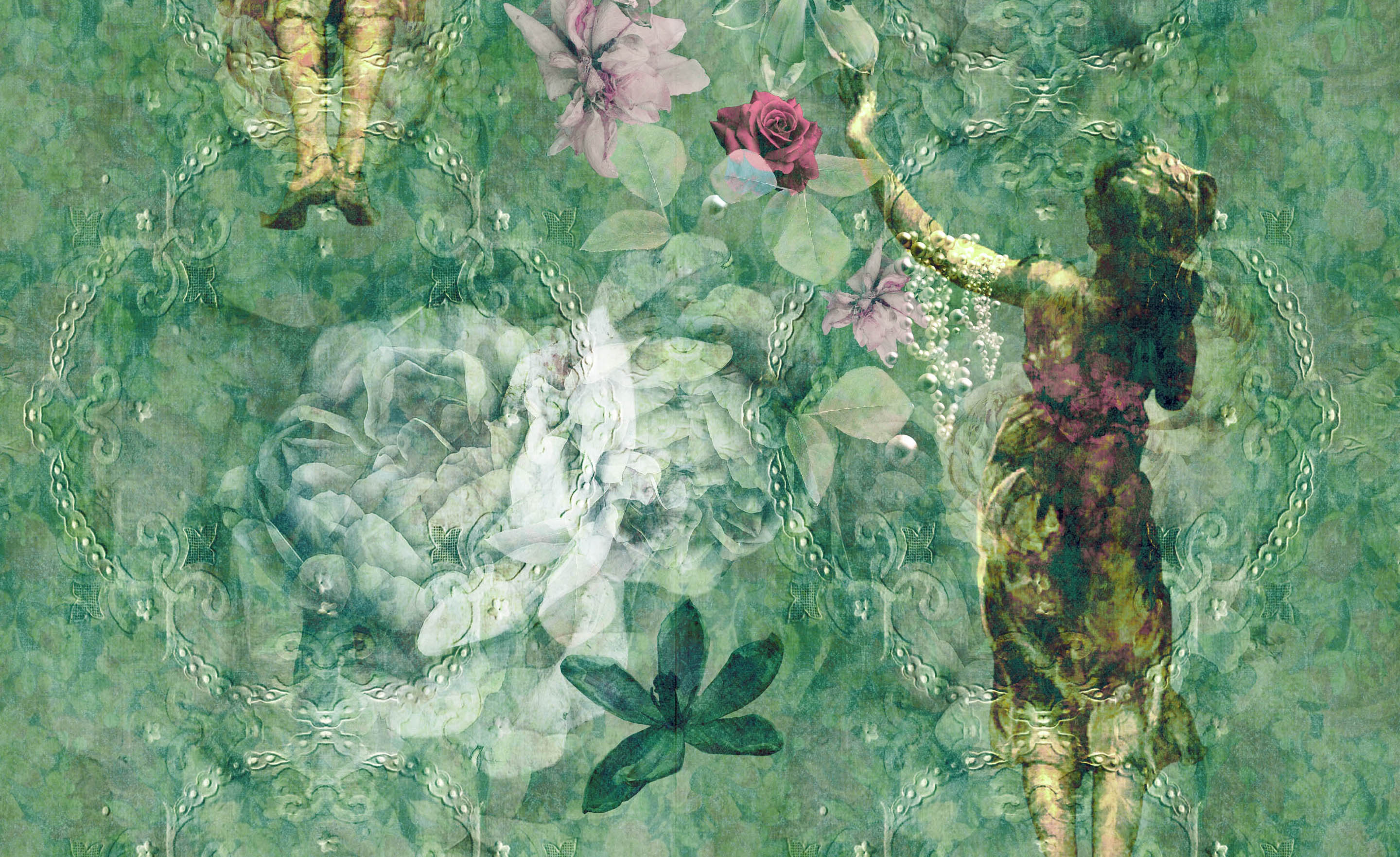 Pearlescent Ladies Wallpaper Design by ATADesigns and Elisa Interiors. Featuring ladies with pearls and flowers on green textured background