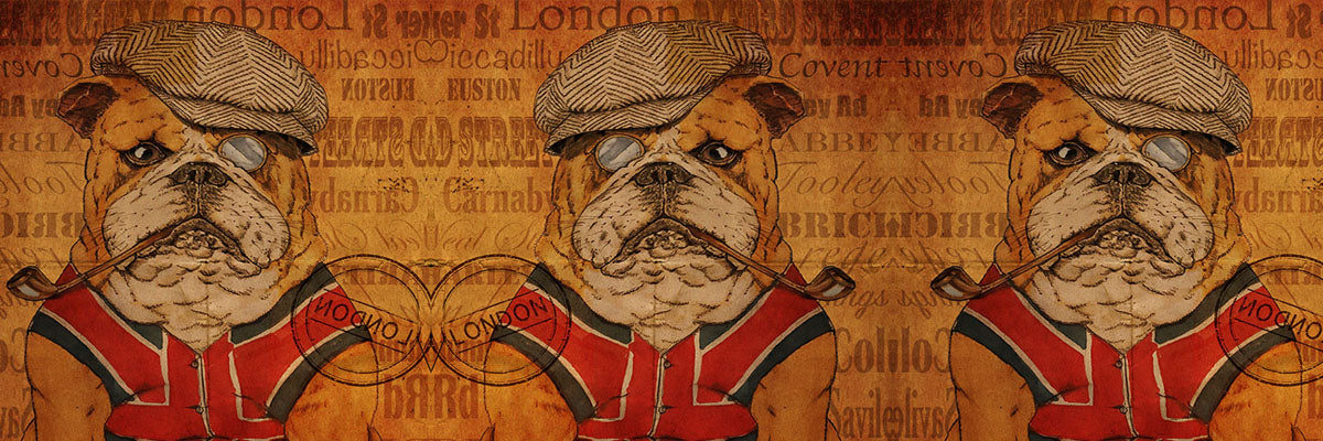 Hector Vintage Art Print by ATADesigns and Arka Chergui.  Featuring three British Bulldogs, wearing a cap, and british flag waistcoat, smoking a pipe on vintage brown backaground