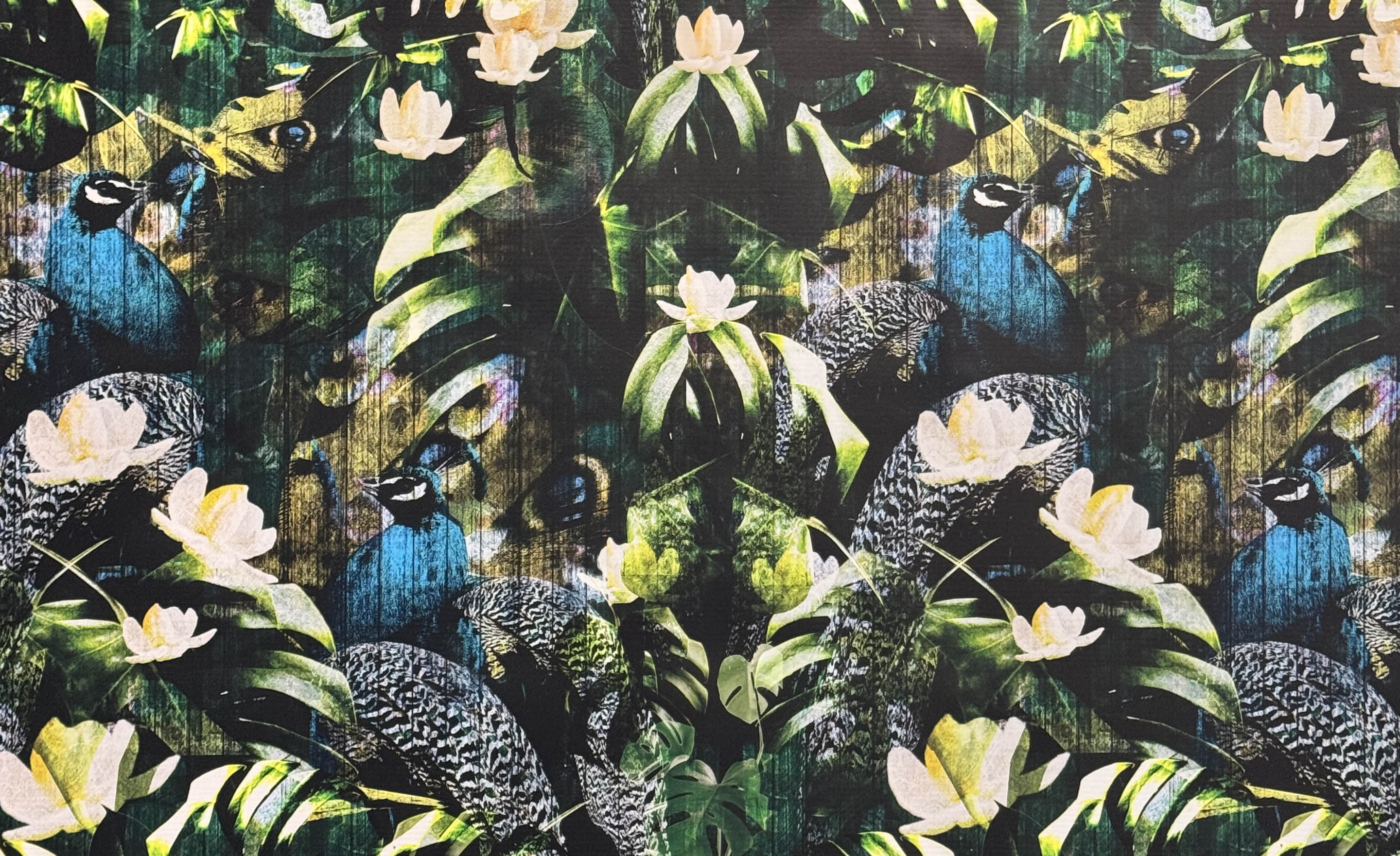 Peacock Glam Wallpaper by ATADesigns featuring blue Peacocks in nature, leaves, and white flowers