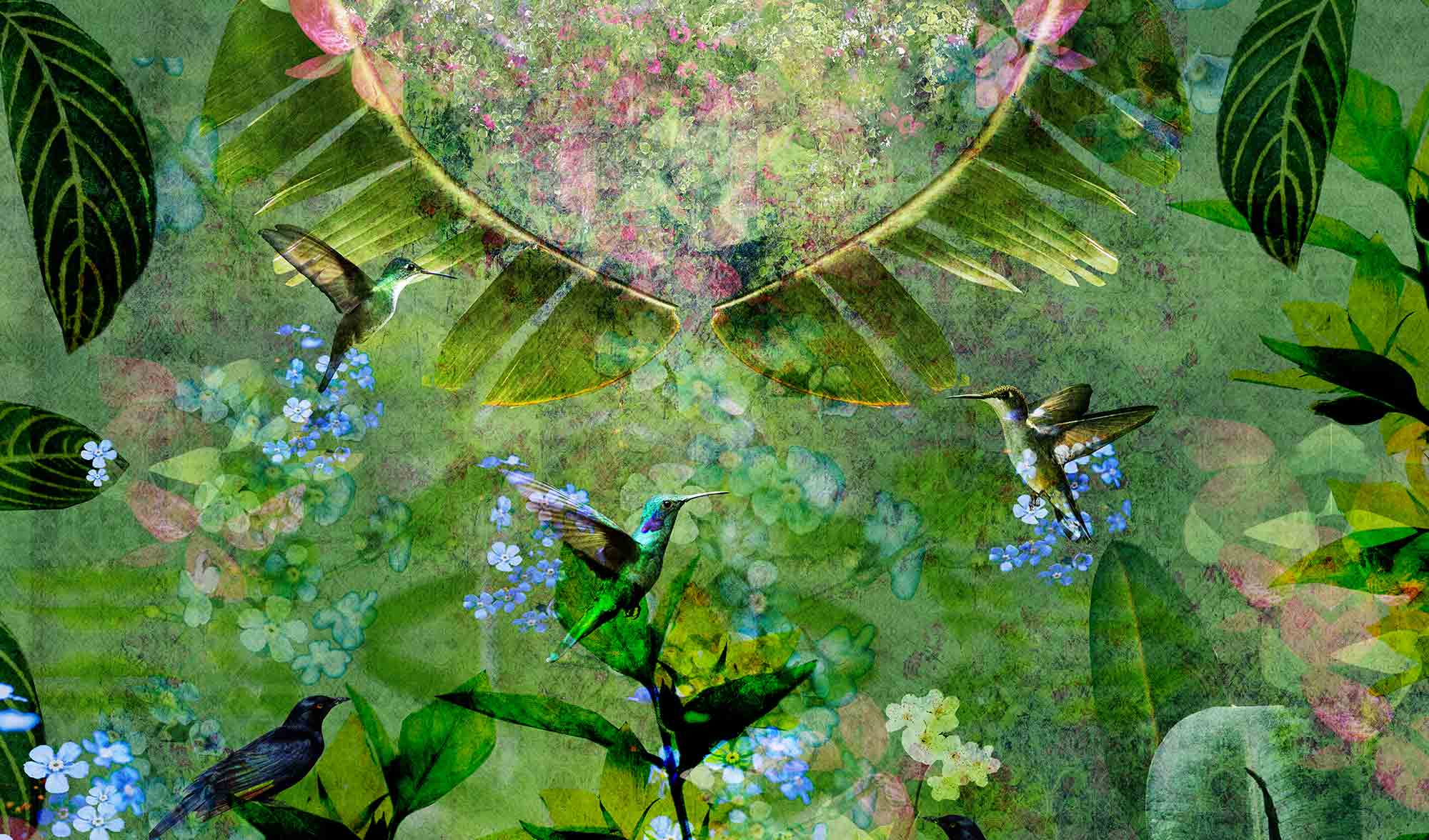 Nature inspired image featuring flowers leaves on green textured background with birds flying.  Design by ATADesigns.