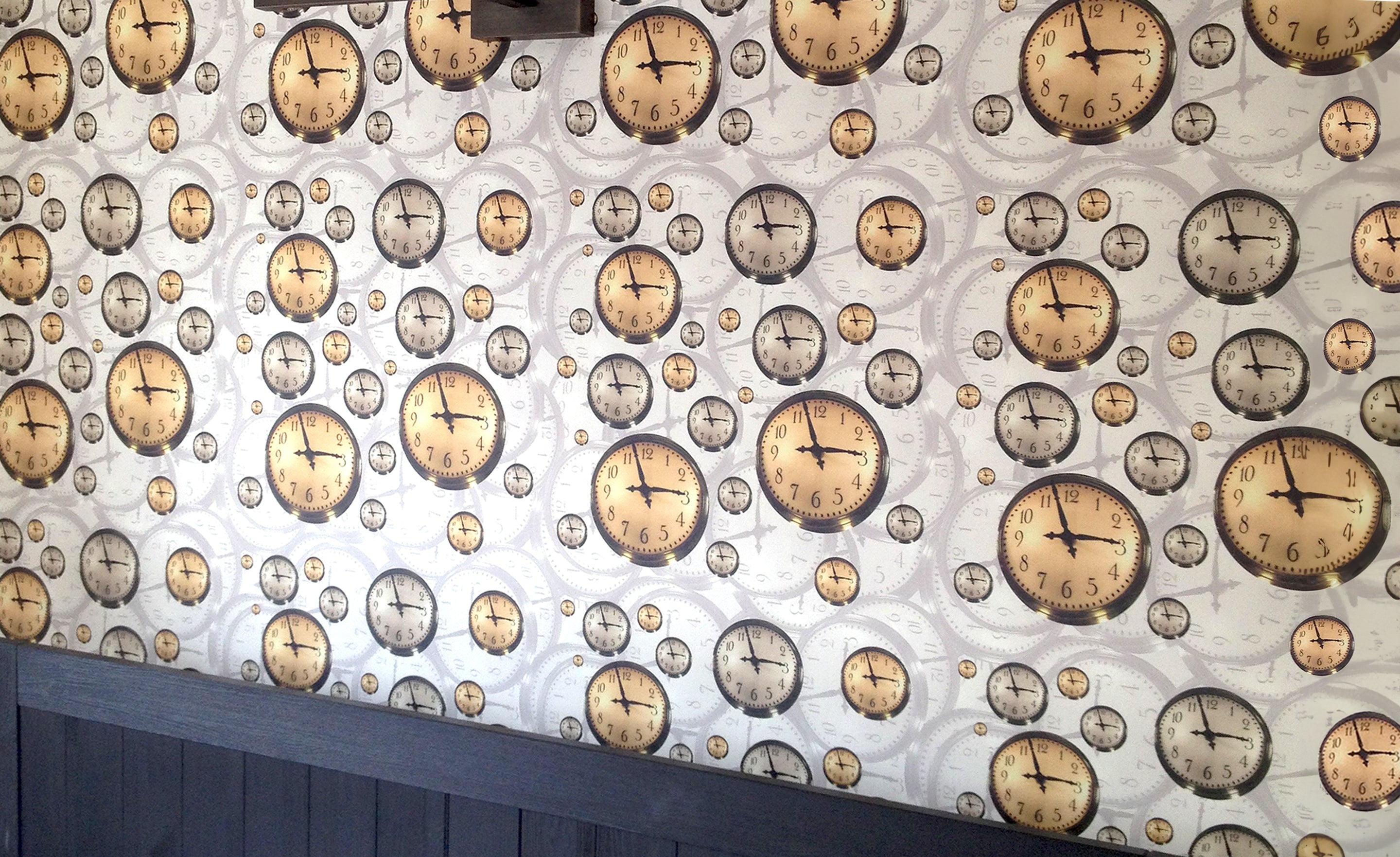 Close up of Floating Clocks Wallpaper Design by ATADesigns featured on bedroom wall