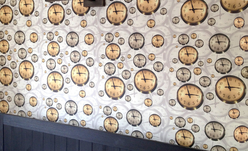 Close up of Floating Clocks Wallpaper Design by ATADesigns featured on bedroom wall