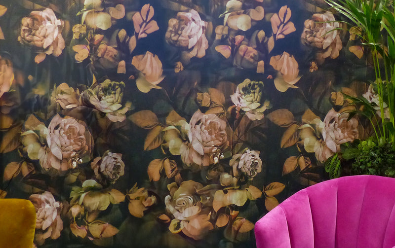 Kews Leafy Florals Wallpaper Design by ATADesigns.  Featuring white flower, pink buds on a bed of dark green leaves on dark background.