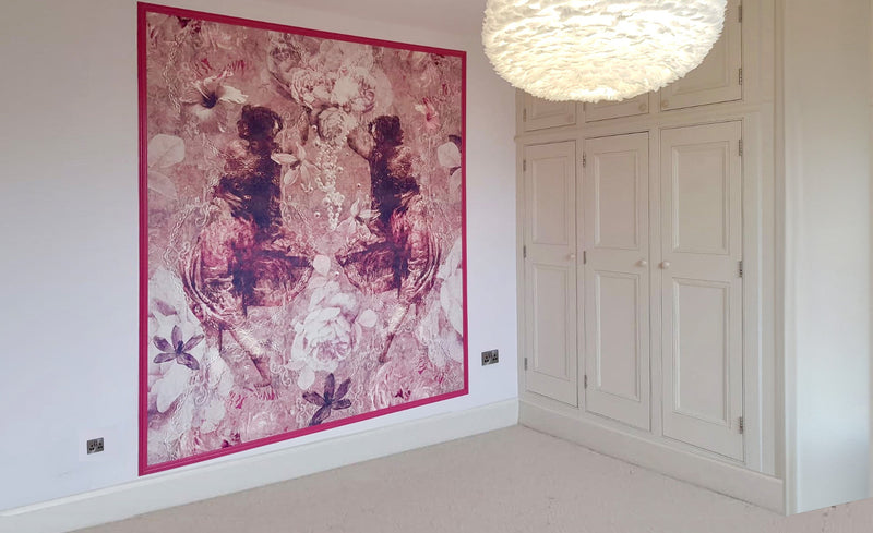 Ladies of Fleur Wallpaper Design  by ATADesigns and Elisa Interiors.  Featuring four ladies with pearl necklaces on raised arms with mustard coloured roses and pink flowers on textured background