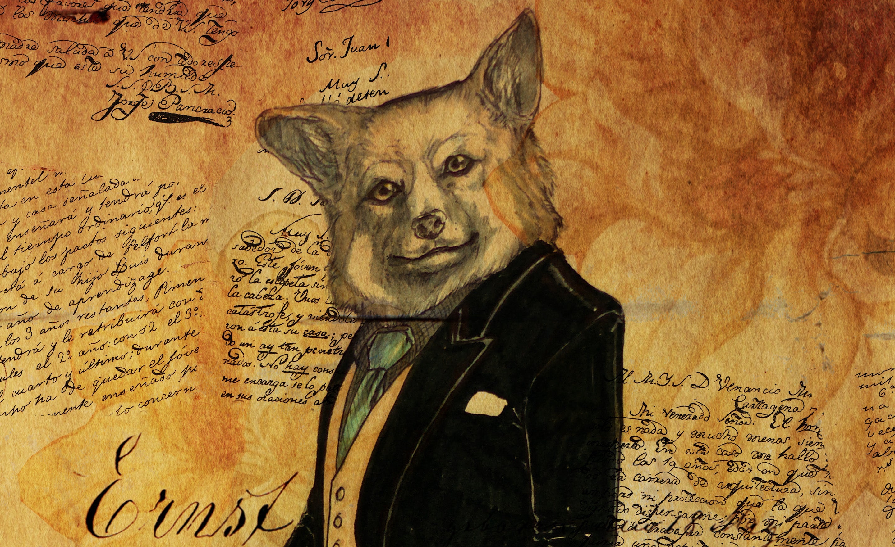 Ernest 'd Fox Art Print design featuring a fox dressed in jacket and tie on vintage brown background with text handwriting.  A collaboration design by ATADesigns and Arka Chergui.  Part of the All Things British design collection