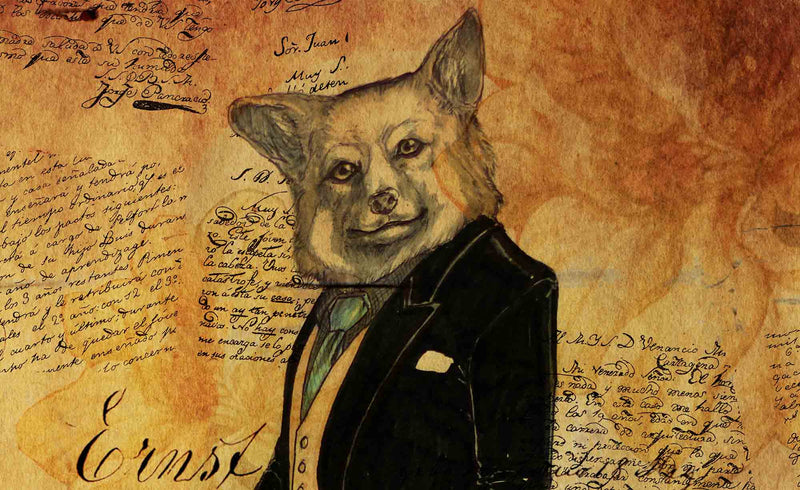 Ernest 'd Fox Art Print design featuring a fox dressed in jacket and tie on vintage brown background with text handwriting.  A collaboration design by ATADesigns and Arka Chergui.  Part of the All Things British design collection