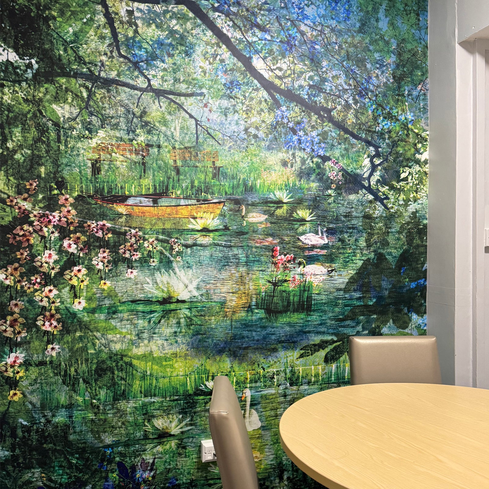 Nature Mural design in meeting room with table and chairs