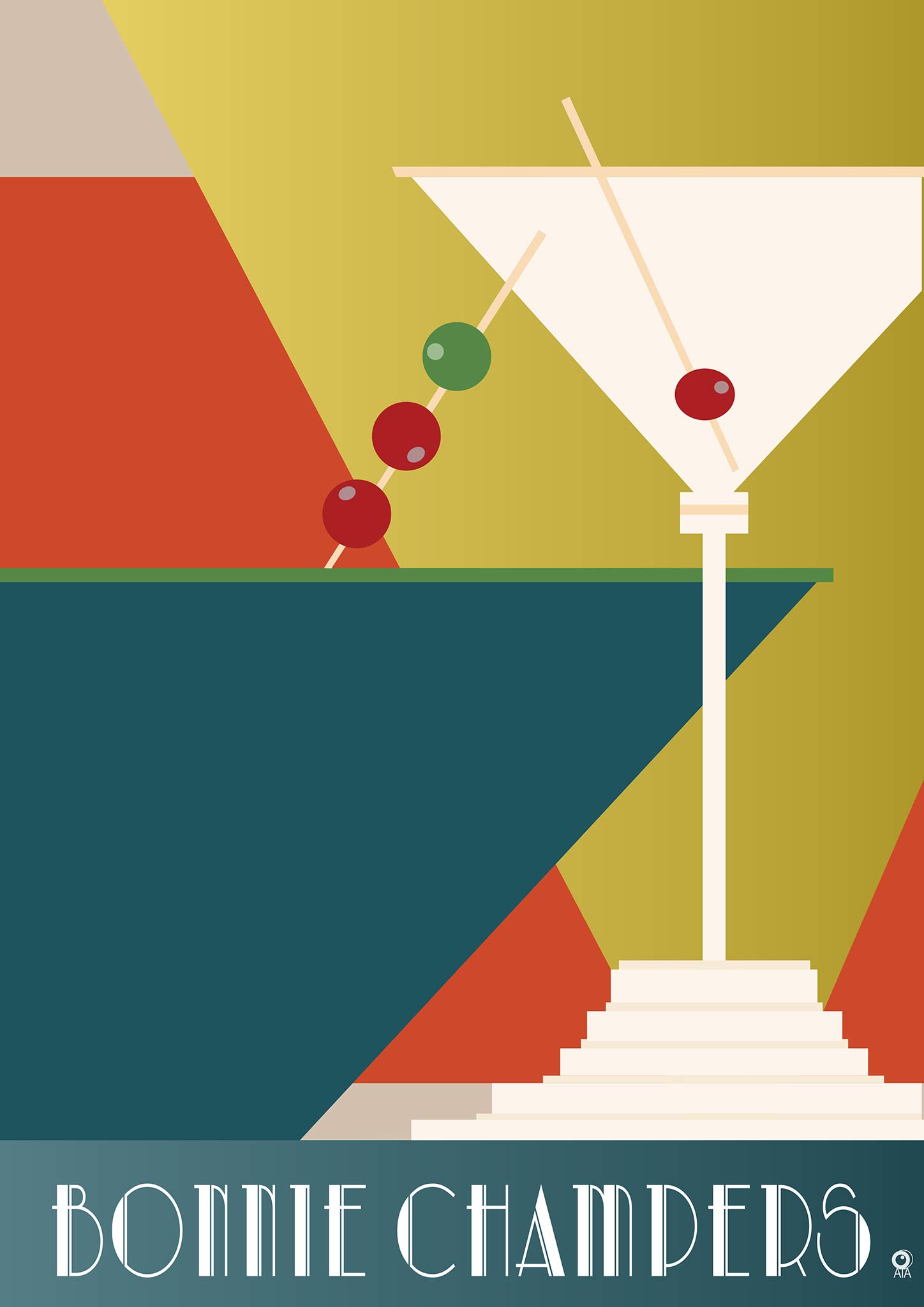 Artistic illustration of a martini glass with olives on a geometric background, featuring the name 'Bonnie Champers'. Art Deco Design by ATADesigns.