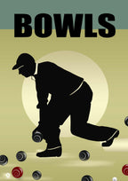 Silhouette of a bowls player with the word 'Bowls' at the top on a green background. Design by ATADesigns.