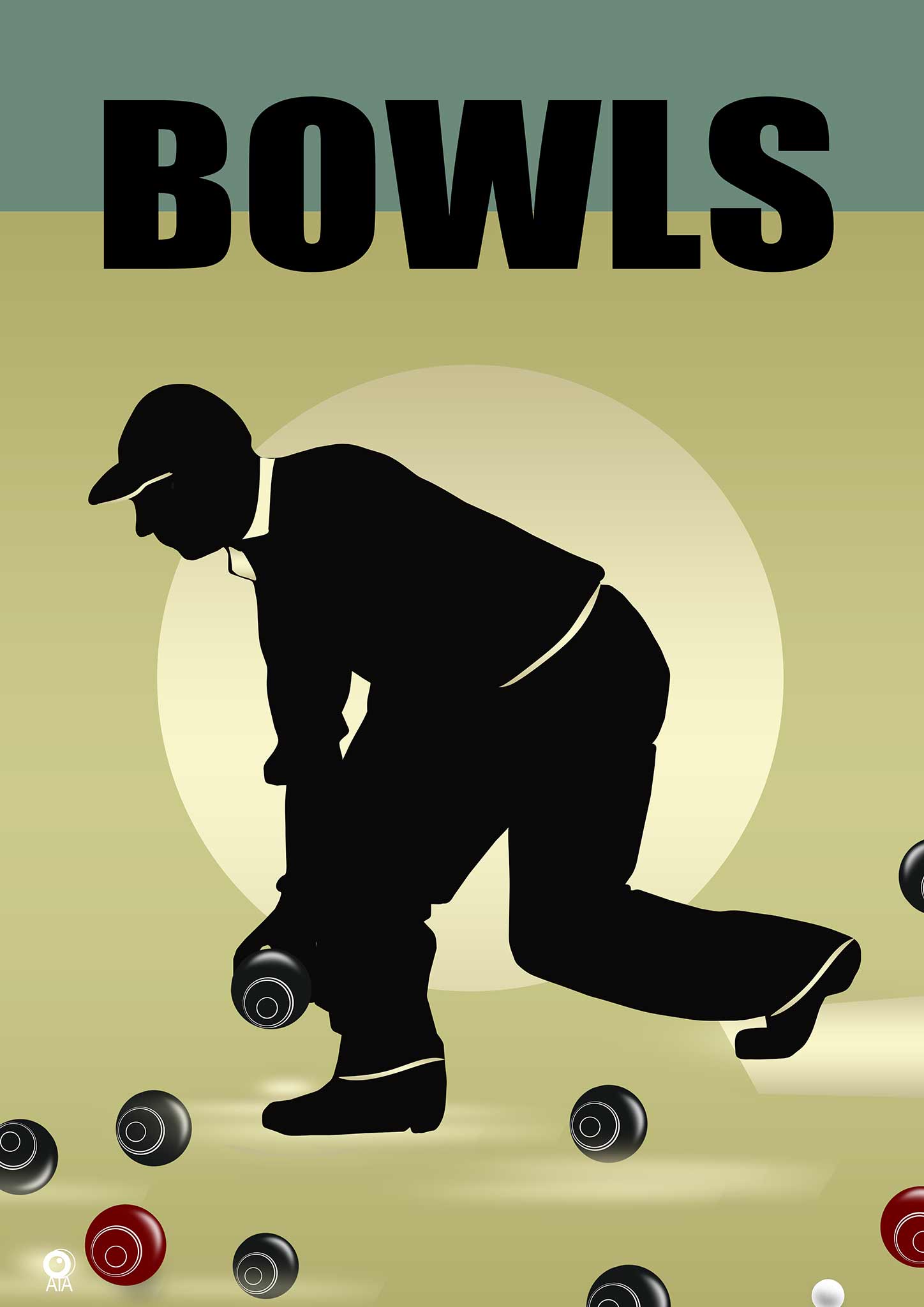 Silhouette of a bowls player with the word 'Bowls' at the top on a green background. Design by ATADesigns.