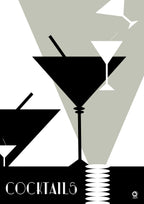 Geometric design of martini glasses with 'COCKTAILS' text on a gray background. Design by ATADesigns.