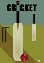 Illustration of cricket equipment including a bat, ball, and stumps on a green background with 'CRICKET' text. Design by ATADesigns.
