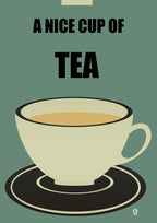 Illustration of a tea cup with 'A Nice Cup of Tea' text on a green background. Design by ATADesgns.