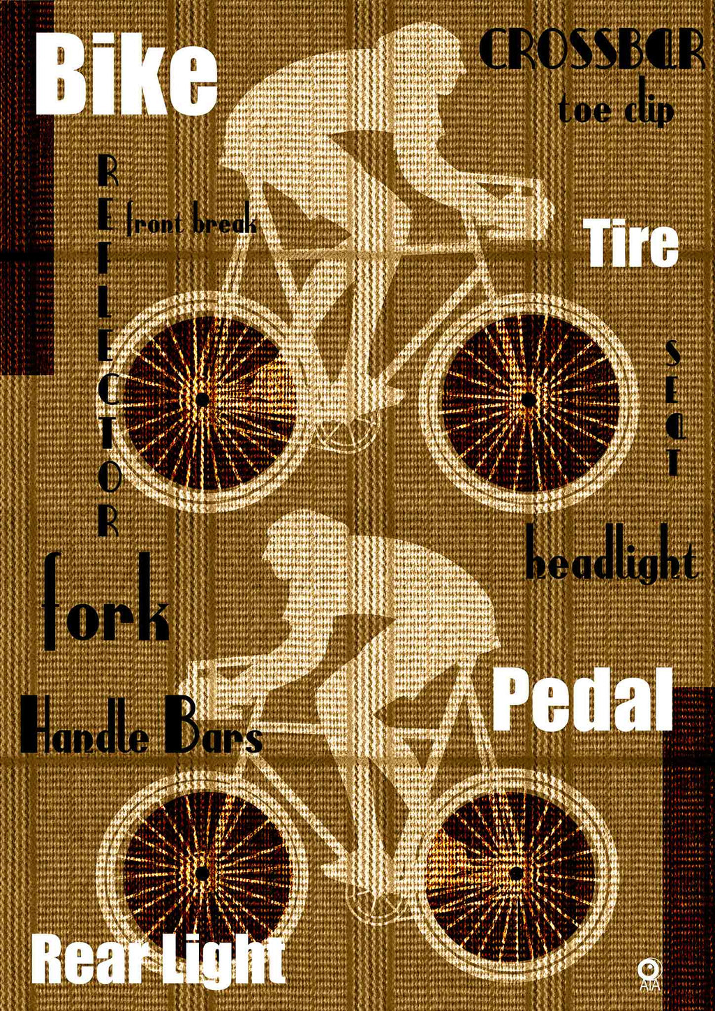 Diagram of man on a bicycle with labeled parts on a brown tweed textured background. Design by ATADesigns.