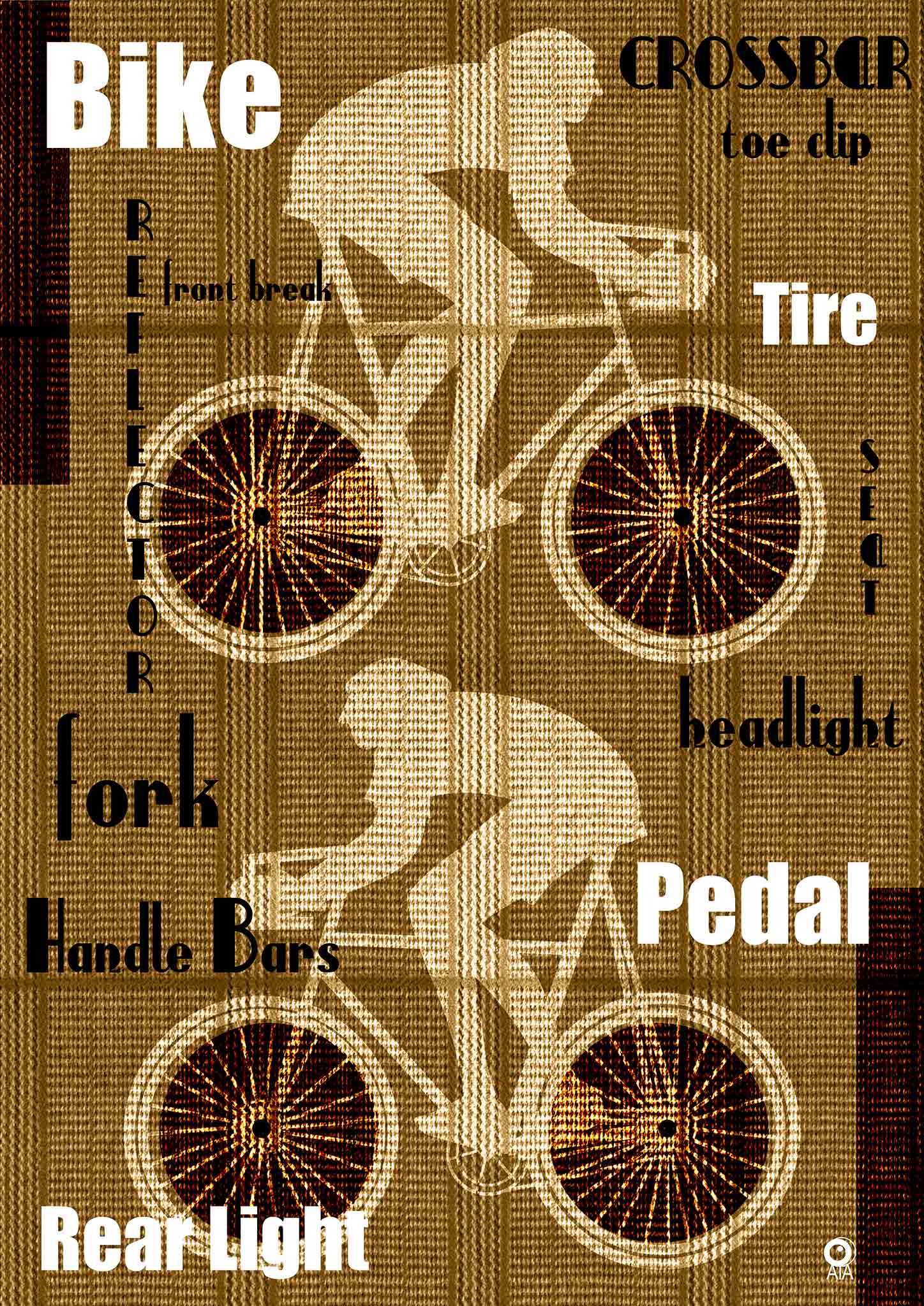 Diagram of man on a bicycle with labeled parts on a brown tweed textured background. Design by ATADesigns.