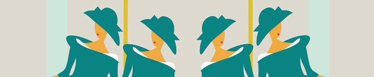 A stylized fashion illustration showing four side-profile views of a woman wearing a teal wide-brim hat and matching teal dress against a pale beige background with vertical gold stripes. Design by ATADesigns.