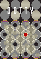 Patterned design with 'Dotty' text and geometric shapes on a black background. Design by ATADesigns