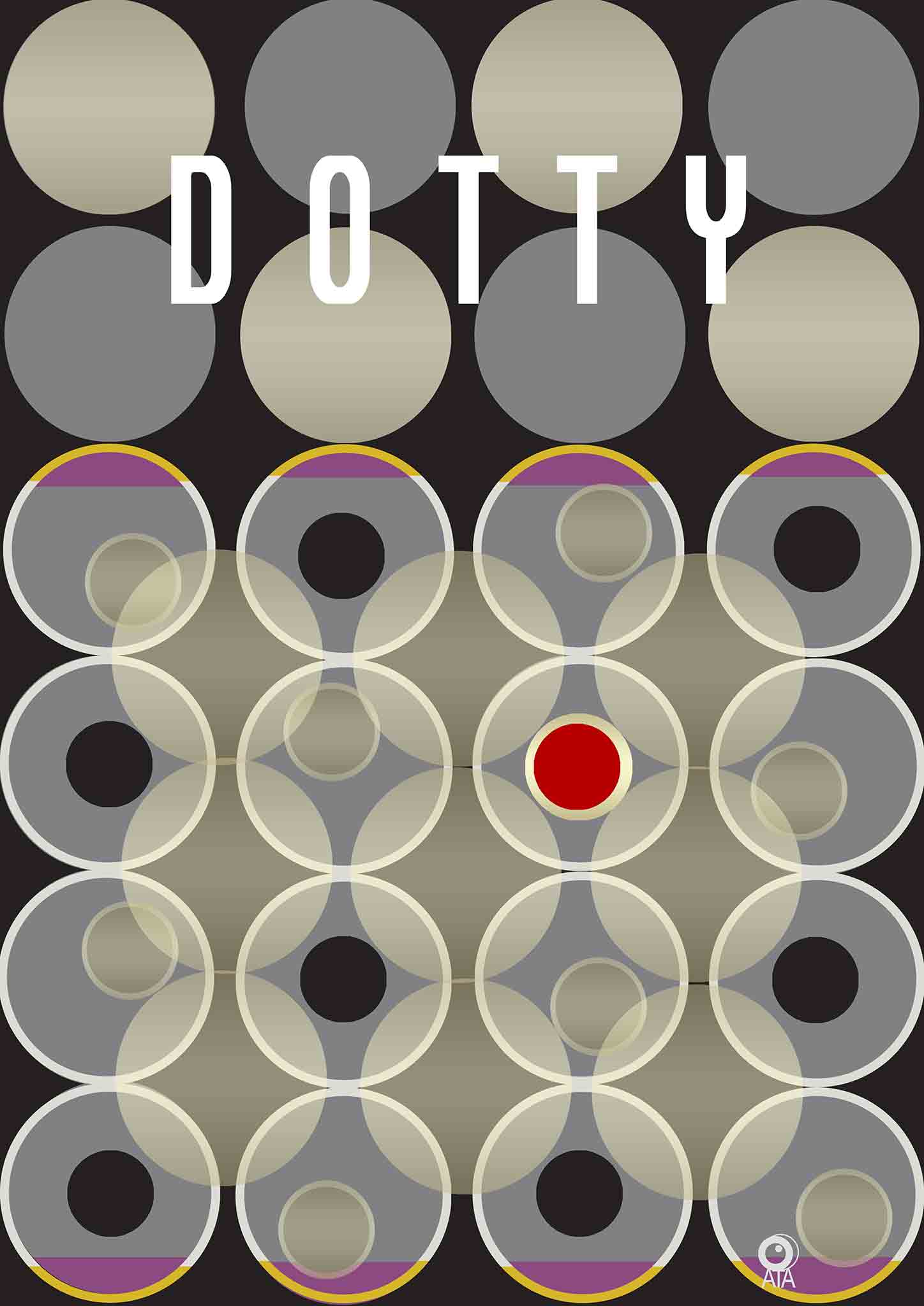 Patterned design with 'Dotty' text and geometric shapes on a black background. Design by ATADesigns