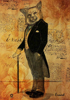 Artistic depiction of a fox in formal attire on a textured background with text and floral elements. Design by ATADesigns and Arka Chergui.