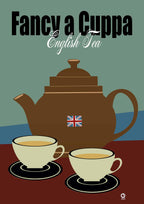 Teapot and cups with a British flag on a green and brown background, featuring text 'Fancy a Cuppa English Tea'. Design by ATAesigns.
