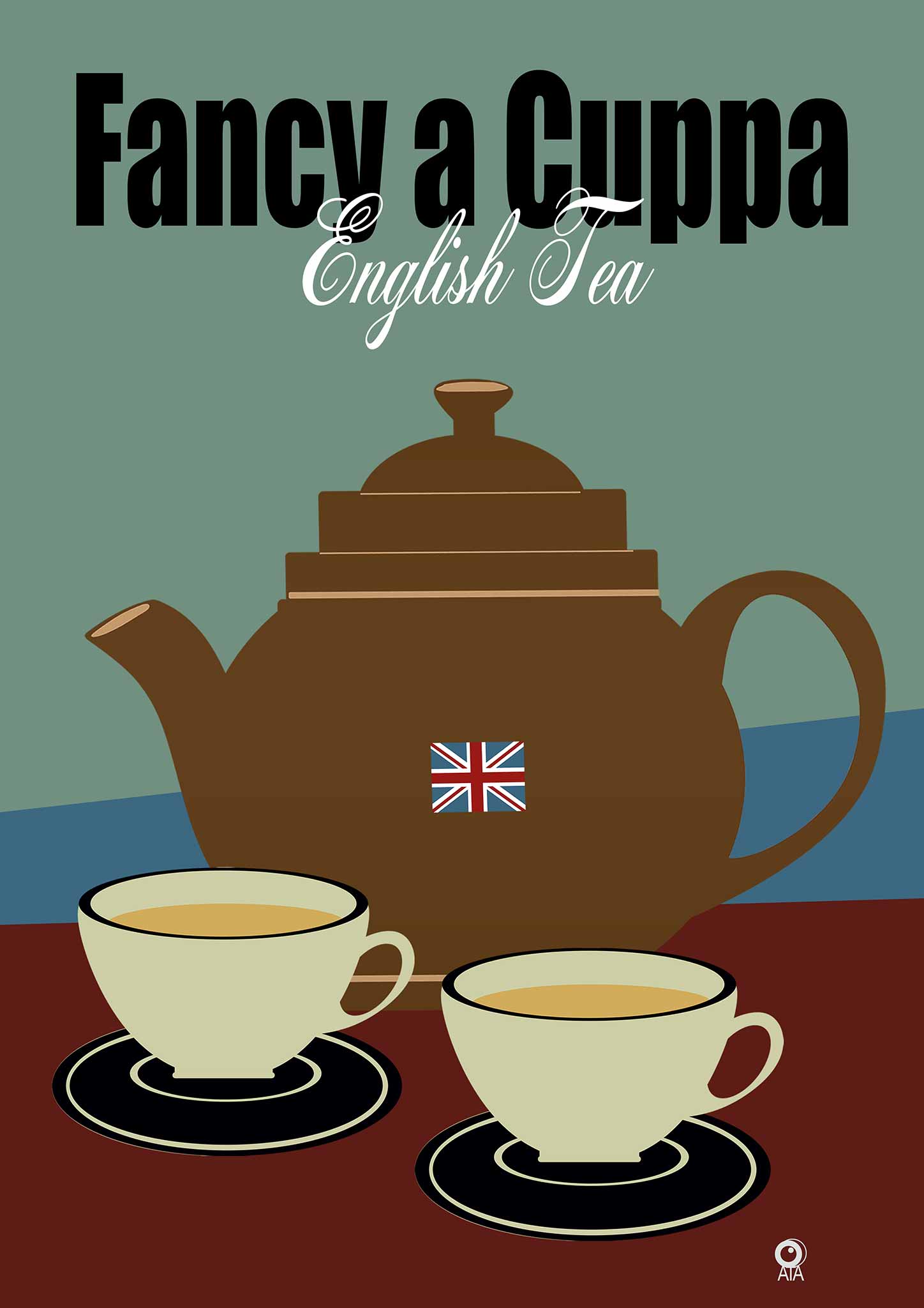 Teapot and cups with a British flag on a green and brown background, featuring text 'Fancy a Cuppa English Tea'. Design by ATAesigns.