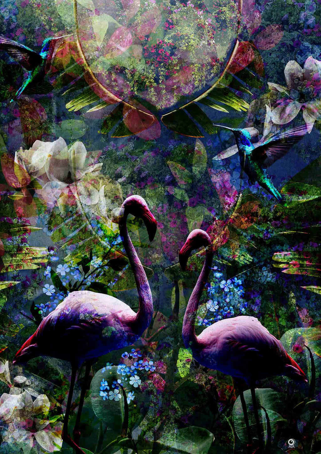 Two pink flamingos in a colorful, abstract garden setting with flowers and leaves. Design by ATADesigns.