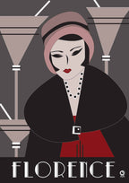 Artistic depiction of a woman with a headscarf and red skirt, with 'FLORENCE' text at the bottom. Design by ATADesigns.