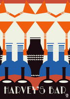 Vintage-style advertisement for Harvey's Bar with geometric patterns and bottles. Design by ATADesigns.
