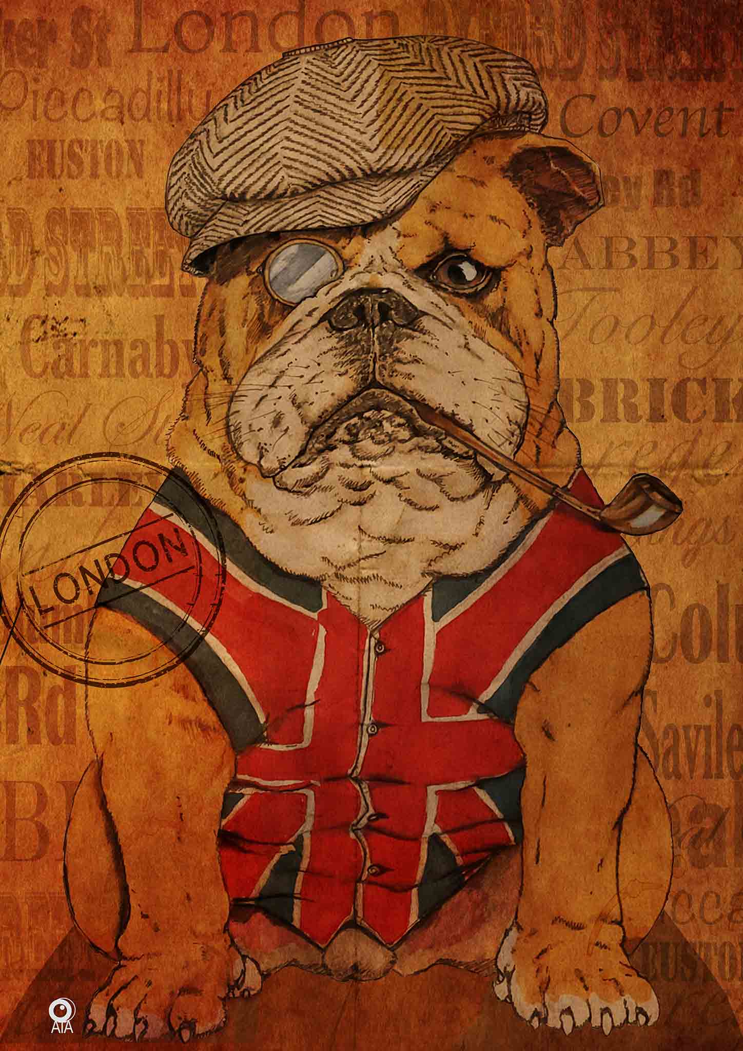 Illustration of a bulldog wearing a cap and Union Jack jacket on a vintage London street sign background. Design by ATADesigns and Arka Chergui.