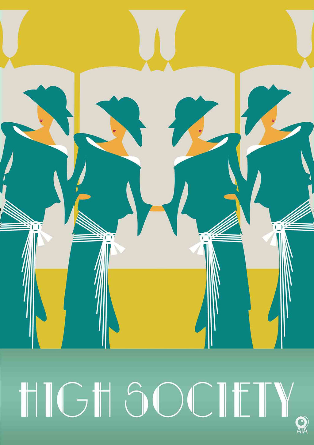 Illustration of women in formal attire with the title 'High Society' on a green and yellow background. Design by ATADesgns