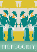 Illustration of women in formal attire with the title 'High Society' on a green and yellow background. Design by ATADesgns